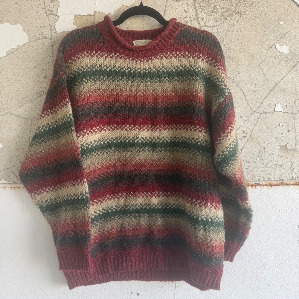 Vtg Sweater Striped Chunky Knit Wool Blend Oversized Cozy 90s‎ Grandpacore L